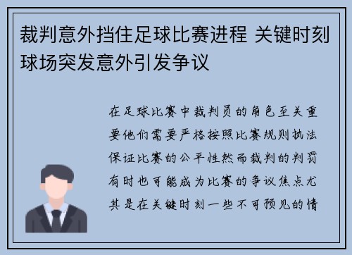 裁判意外挡住足球比赛进程 关键时刻球场突发意外引发争议